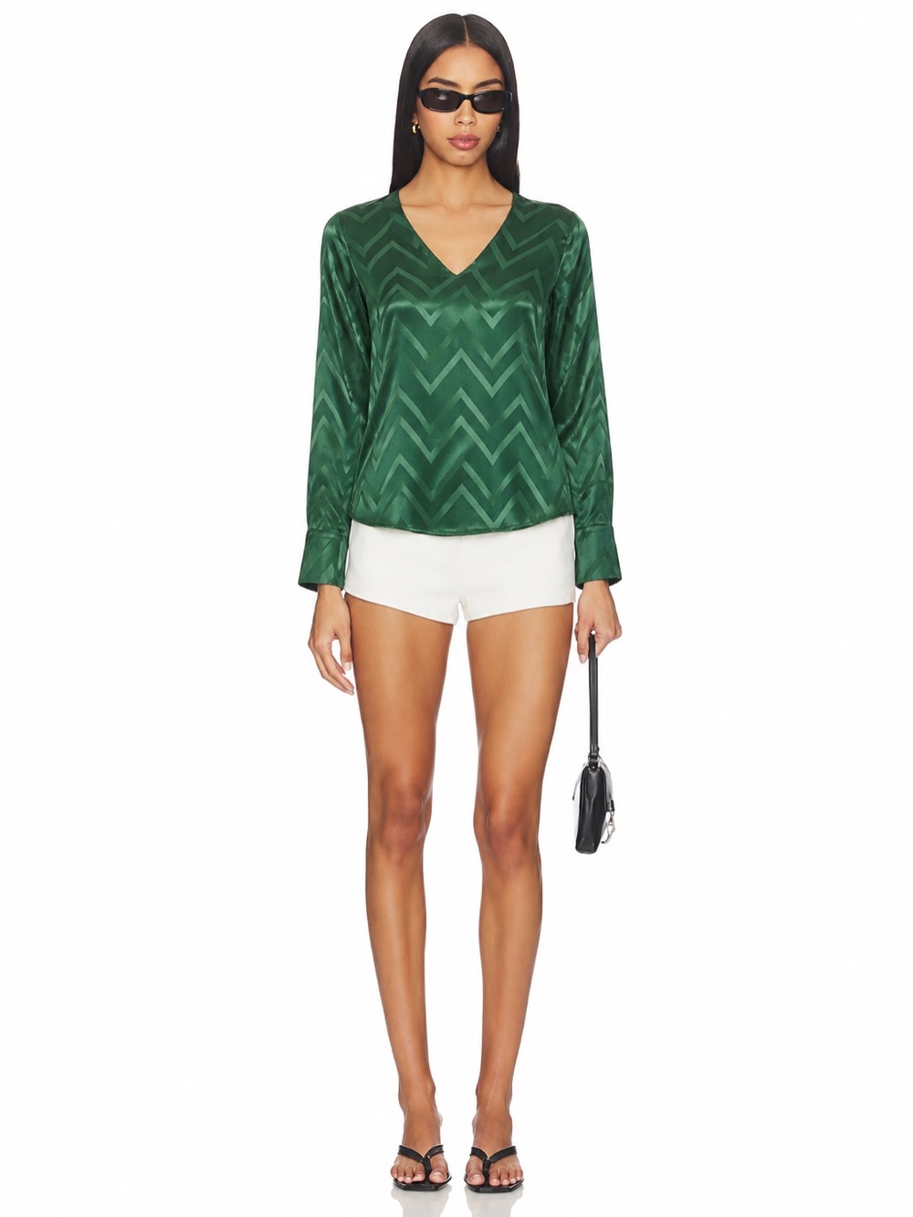 DANTE6 Emerald Green Chevron Satin Blouse Luxe Parisian Luxury Minimalist 📐3